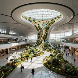 utopian biophilic design, futuristic airport concourse
