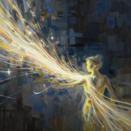 a bright energy stream flowing left to right. it flows through a figure in the center. | painting by craig mullins. the composition and color are different on the left and right sides of the painting