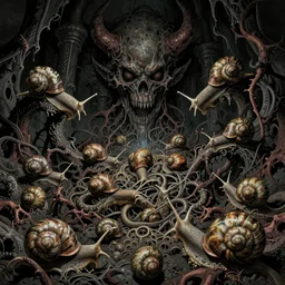 intricate snails entwined in horrible agency and agony in the deepest dungeons of hell, by Junji Ito and Dave McKean