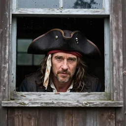 russell crowe wearing a too wide silly pirate hat behind a rainy dirty window and wooden wall peering out to the camera