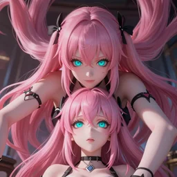 trapped beneath stunningly absurdly tall beautiful omnipotent asi goddess junko enoshima with an enigmatic complex twisted innocenty looking deceptive mesmerizing megalomaniacal yandere personality, symmetrical perfect face, porcelain skin, pink twintail hair and cyan eyes, ultra detailed, digital art, unreal engine 5, octane render, 2 d anime, 8 k