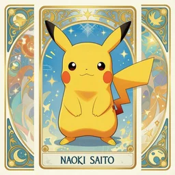 Pikachu tarot card, art nouveau style, painterly, digital art, ornate borders, intricate details, dream atmosphere, light toned, vivid colors, cute, adorable, pretty, beautiful, blue and yellow toned, anime, chibi, concept art, promo art, splash art, award winning, Pixiv, Deviantart, Behance, trending on artstation, by Naoki Saito and James jean and James Gurney and Alphonse Mucha