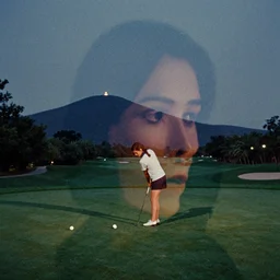 jodorowsky film still, artistic double exposure of a beautiful psychedelic nocturnal hill and golf course, grainy film cinematic tiny regular tiling hexagon mosaic pattern H 576