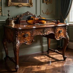 a violin on an ancient beautiful ornated wood desk in victorian house, beautiful reflexions, detailed wooden table, photorealistic, photorealism, diffuse light, octane render
