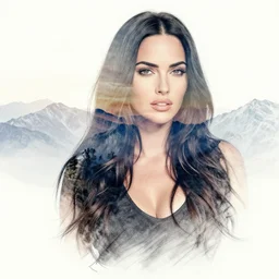 double - exposure tattoo sketch of megan fox blended in beautiful mountains, in the style of dan mountford