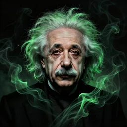 einstein portrait, black green smoke matrix, noir, stylized liquid smoke twisting, dark fantasy, cinematic lighting, intricately detailed, liam brazier, petros afshar, peter mohrbacher, artstation