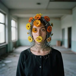 a woman wearing a hood made of wire and zinnias, in an abandoned office building, by jan van eyck, canon eos c 3 0 0, ƒ 1. 8, 3 5 mm, 8 k, medium - format print