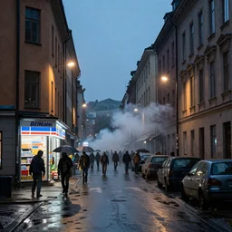 Hordes of Zombies in Stockholm, Sweden, Intersection, Storefront, alleyway, city street lights, abandoned cars, smoke, umbrella, convenience store, dusk sky, city street, zombies exiting store, zombies getting groceries, hilly road, Swedish writing, looking down street, raining, smoking outside, wet road, wet street, very high quality photography, dusk, cinematic.