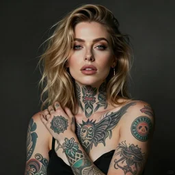 a beautiful portrait of a woman with many tattoos, Travis Charest style