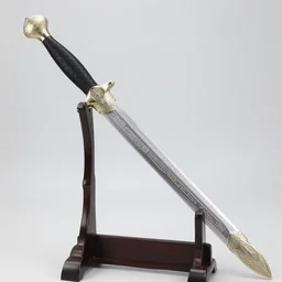 detail photo of long 5 0 cm chinese saber on stand, ornaments as etched hieroglyphs unknown language, weapon artbook, black background, back light, detail intricate, sharp focus, digital fantasy art