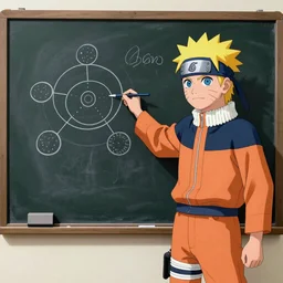 Naruto solving quantum gravity on an blackboard, photograph, circa 2050
