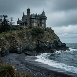 a smuggler's cove at the base of cliff beneath a haunted mansion