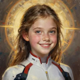 painting, young girl, beautiful face, gorgeous, face visible, smiling, halo, cinematic lighting, eva suit, wallpaper, extremely detailed, sharp focus, by greg rutkowski and [ [ [ wlop ] ] ], intricate, beautiful, award winning, trending on artstation, pixiv