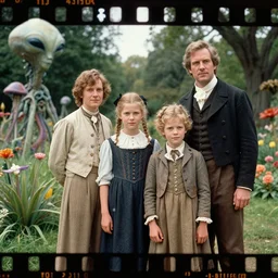 sharp, highly detailed, 43456k film, 101800mm film still from a sci fi blockbuster color movie made in 2019, set in 1860, of a family standing in a park, next to some strange alien plants and flowers, on an alien planet, the family are all wearing 1860s era clothes, good lighting, ultra high definition, ultra enhanced faces, in focus faces, 35mm macro lens