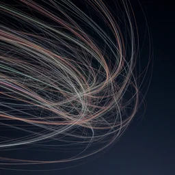 millions of thin threads of color twist and whirl confusingly in strong winds across a dark night sky, highly detailed, unreal engine
