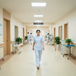 a nurse walking in a hospital, wide angle, realistic photo