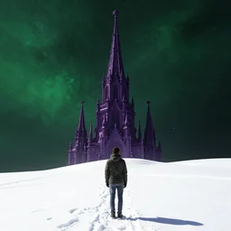 looking from space at green sea and dark purple illusion tower in the back, ornate and intricate, by greg rutkowski, by anton fadeev, by rhads, 4 k, snowy