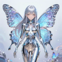 ultra detailed illustration of a butterfly anime girl covered in liquid chrome, lost in a dreamy fairy landscape,  by Karol Bak, Ruan Jia, Moebius, hiroshi yoshida, Druillet colorful, front view, vivid colors, 8k, coherent, anime vibes, octane render, uplifting, magical composition, artstation