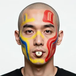 three thick lines of blue yellow and red trace a retro decadent style across a mans face. he is bald as a billiard ball