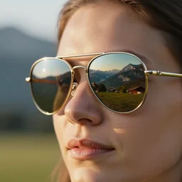 A detailed close-up photo of aviator sunglasses with mirror finish that reflects a picturesque Slovenian landscape, sunglasses are worn by a woman, photograph is shot at golden hour, award winning professional photography, Canon EOS R5 camera | 42.0mm | f/5.6 | 1/40s shutter | ISO 400
