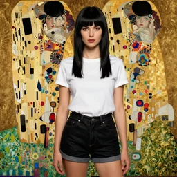A woman with black hair and long pixie haircut in shorts and white shirt drawn by Donato Giancola and Jon Foster, frank frazetta, alphonse mucha, background by James Jean and gustav klimt, 4k, volumetric lighting, french nouveau, trending on artstation, octane render, hyperrealistic