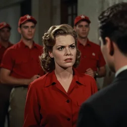 still from a masterpiece 1 9 6 0 s french color art film, very beautiful and elegant girl with large eyebrows with an angry expression while talking to a man, moody lighting, viewed from afar, cinematic shot, they're dressed like communists, red palette