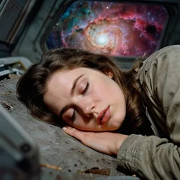 close face portrait of Mila Kunis sleeping in an derelict space station, saturated nebula background, 1970, Ludek Pesek, Rick Guidice, Chesley Bonestell, Lucien Rudaux, Rolf Klep, Fred Freeman, George Pal