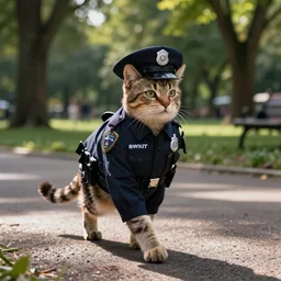 a cat dressed as a swat officer walking around central park