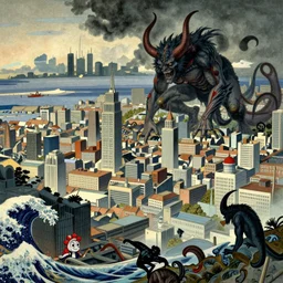 Jollibee City after an attack by the swag demons, cityscape, wide shot, illustration, by Moebius, Renoir, Hokusai