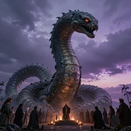Otherwordly enormous worm god seen from below, occult symbols are present during a ritual, overcast during a purple sunset, hyperrealistic, octane render, cinematic, art by by Greg Rutkowski and Igor Kieryluk