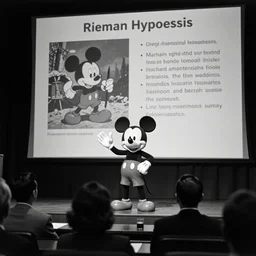Mickey Mouse presenting his proof of the Riemann Hypothesis in a conference, black and white photography, archive