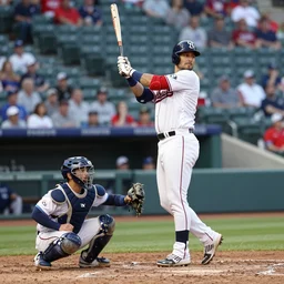 an 8 foot tall player batting in mlb as the catcher looks on in awe