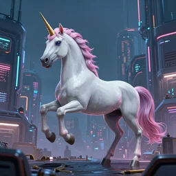 unicorn in a futuristic cyberpunk town. By Tom Whalen, highly detailed