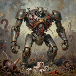 oil paint of flayed god machines, question squid cubes, cluster battle chaos, intricately macerated by age, sentient, dethroned goliath machine, whipping blood turbines, hydrocracking battles, rusted, macerated, eviscerated by fimbria wires, bicornate fungal pit, rotting, by alberto bontempi, alex ross, shigeru kom