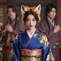Ssunbuki as a woman with fox ears and a royal blue kimono with gold flowers, Yakuza, portrait, visualartzi, korean, concept art by Karla Ortiz, James Paick, Charlie Bowater, Krenz Cushart, highly detailed, ultra detailed, ultra realistic, trending on artstation, cgstudio