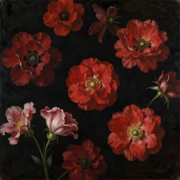 painting of many various red flowers on a dark background, painted by Sandro Botticelli, the flowers are floating and are seen from the side, dark atmosphere, realistic flowers oil painting