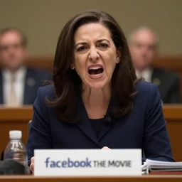 Movie still of a snarling, disrespectful Sheryl Sandberg testifying in Congress in Facebook The Movie (2017), directed by J. J. Abrams