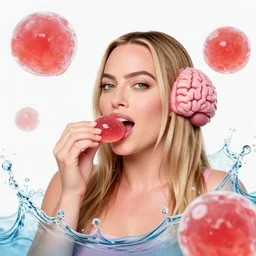 margot robbie eating a jelly brain, funny face, brain, giant bubbles, juicy jelly, realistic water splashes, water art, vibrant, in the style of mike campau, cg render, ray tracing, 8 k resolution, sharp