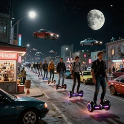 people levitate on flying hoverboards in a queue to a liquor store in a Russian cyberpunk slum city called Neo Norilsk on the Moon, at night, lots of flying cars, diverse, lively, black sky full of stars, blinding sun, sci-fi, lots of flying cars, levitation, cyberpunk outfits, photorealistic, grainy, 35mm, intricate, very very beautiful, elegant, smooth, cinematic, Unreal Engine 5, by Beeple, trending on Artstation HD