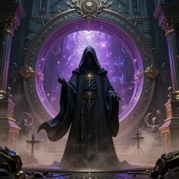 center view of an extremely detailed intricate concept art of hooded necromancer in front of a lovecraft portal, unreal engine realistic render, 8 k, micro detail, wide - angle portrait, by android jones and greg rutkowski, gaston bussiere, craig mullins, synthwave color scheme, cinematic lighting, trending on artstation, volumetric dust, intricate, elegant, pro photography by, vivid colors