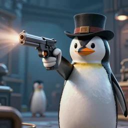 [ penguin!! as corleone, mobster ] penguin!! mobster!!, mobster penguin aiming a gun!!!!!!!!! at you, barrel toward towards the screen from the new intense action film, 8 k, f 1. 8