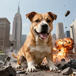 a photo of a giant dog destroying new york citys buildings, explosions, fire