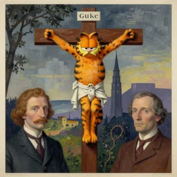 figurative avant garde portrait of garfield cat crucified on the cross by magritte and edward hopper, inspired by william blake and gaugin, illusion surreal art, highly conceptual figurative art, intricate detailed illustration, poster art