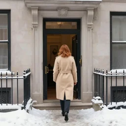 back of emma stone in beige coat, walking into new york apartment building in winter, zoomed out, artwork by gaston bussiere, craig mullins, trending on artstation