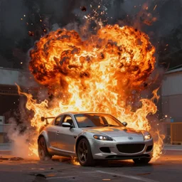 digital painting of a Mazda RX-8 exploding into violent flames. Expressionistic painting with masterful composition.