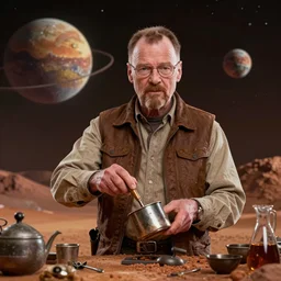 Walter White is cooking on Mars, orbiting a strange planet, hyperdetailed, artstation, cgsociety, 8k