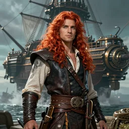 An epic fantasy comic book style portrait painting of a long haired, red headed male sky-pirate in front of an airship in the style of the wheel of time, unreal 5, DAZ, hyperrealistic, octane render, cosplay, RPG portrait, dynamic lighting