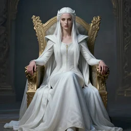 tall slender elven queen sitting on the throne, full body, long white hair, pale skin, golden coloured eyes | | realistic shaded, fine details, fine - face, realistic shaded lighting poster by greg rutkowski, magali villeneuve, artgerm, jeremy lipkin, michael garmash, rob rey