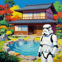 hyperrealism composition of the japanese house with a hot springs in the garden, detailed stormtrooper in hot springs, pop - art style, jacky tsai style, andy warhol style, roy lichtenstein style, acrylic on canvas