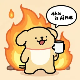 dog with happy expression holding mug in burning house while saying'this is fine ', cartoon